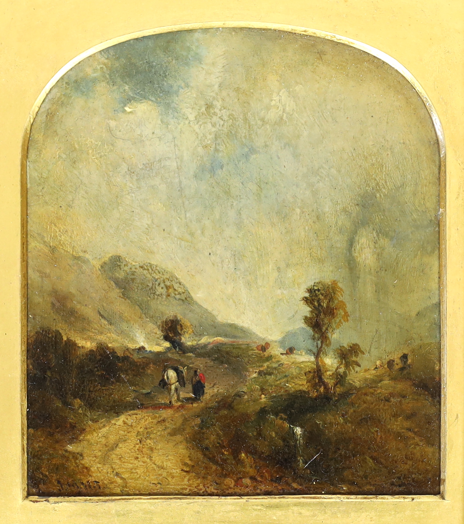 Follower of J.M.W. Turner (English, 1775-1851), Landscape and figure, oil on wooden panel, 14 x 12cm